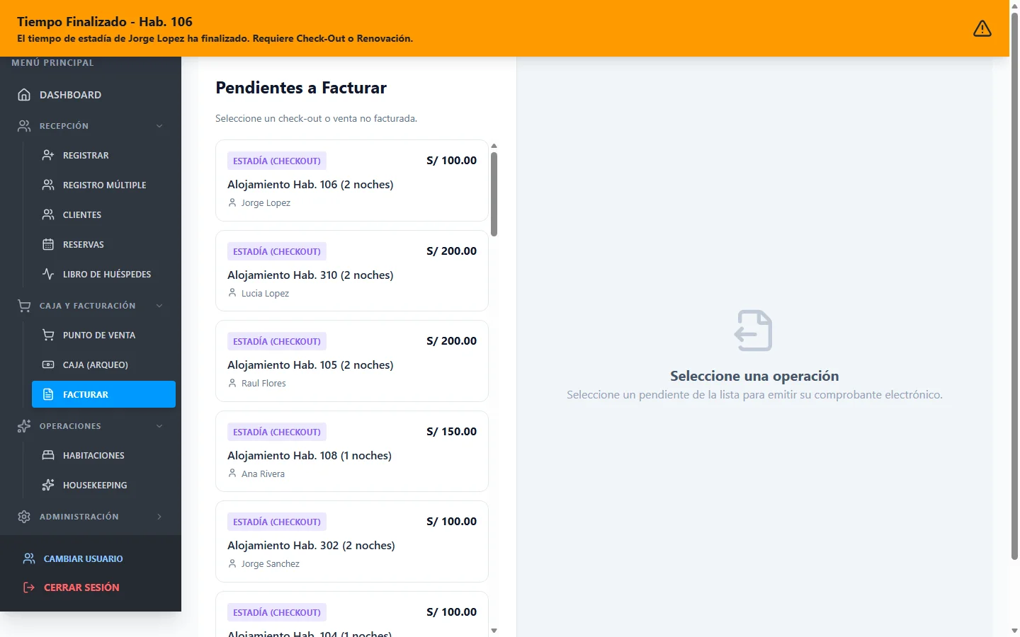 Listado de facturación electrónica con boletas y facturas SUNAT en HotelApp PMS