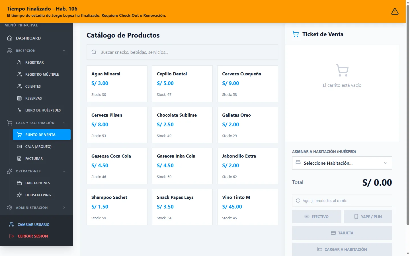 Punto de venta POS para productos de minibar y cafetería en HotelApp PMS