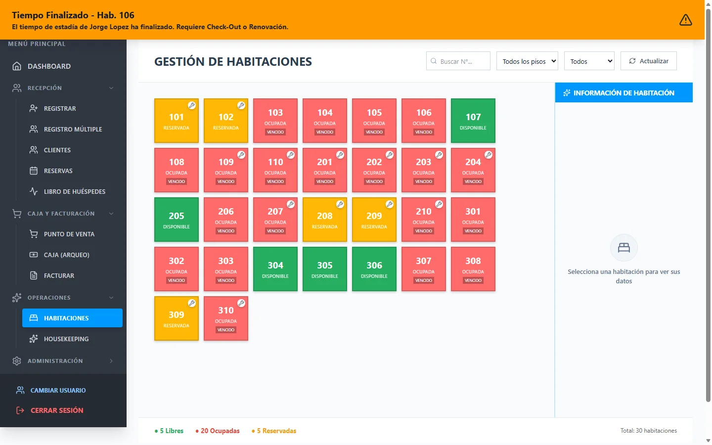 Rack de habitaciones por piso con código de colores en HotelApp PMS